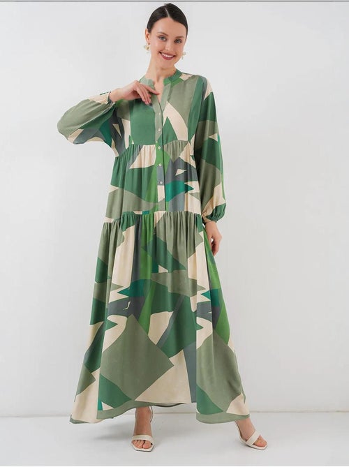 Vestido maxi estampado com decote em v e fecho de botões bdart - Kiabi Vestido maxi estampado com decote em v e fecho de botões bdart - Kiabi