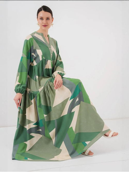 Vestido maxi estampado com decote em v e fecho de botões bdart - Kiabi Vestido maxi estampado com decote em v e fecho de botões bdart - Kiabi