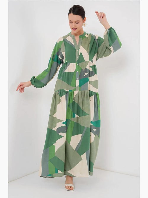 Vestido maxi estampado com decote em v e fecho de botões bdart - Kiabi Vestido maxi estampado com decote em v e fecho de botões bdart - Kiabi