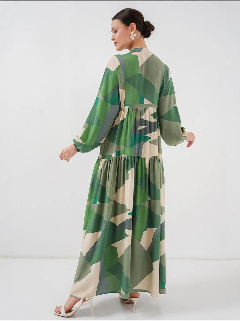 Vestido maxi estampado com decote em v e fecho de botões bdart Cáqui - Kiabi