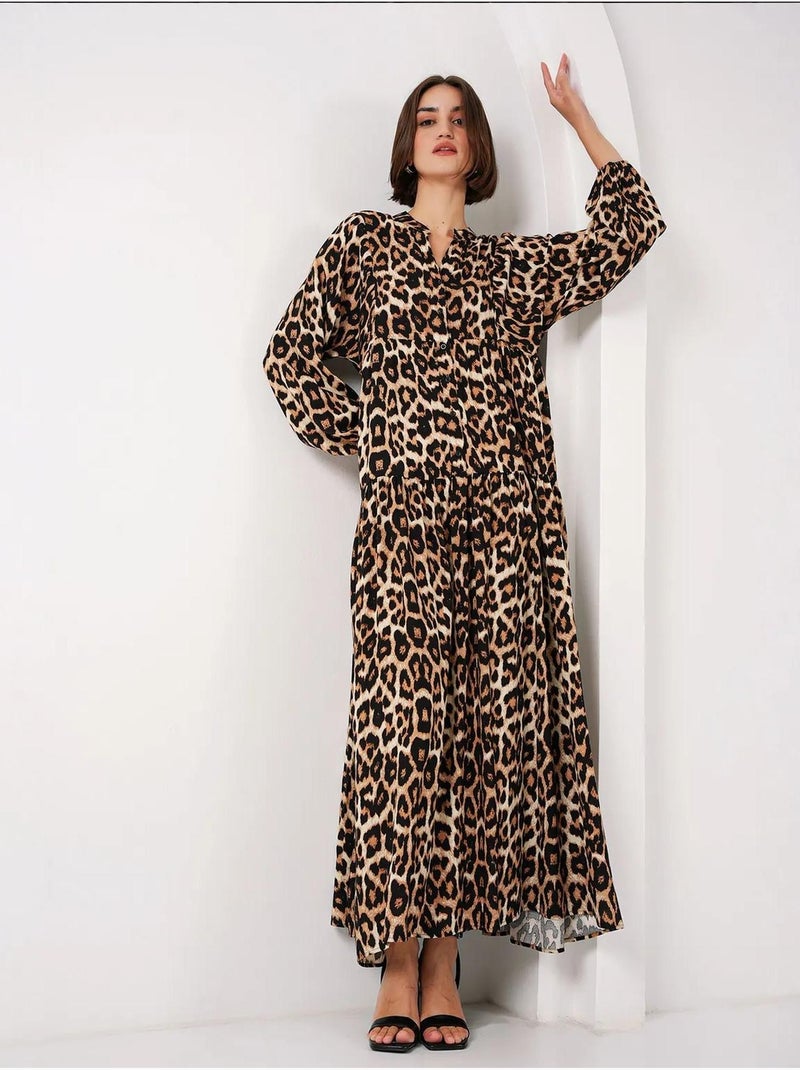 Vestido maxi estampado com decote em v e fecho de botões bdart Castanho-escuro - Kiabi