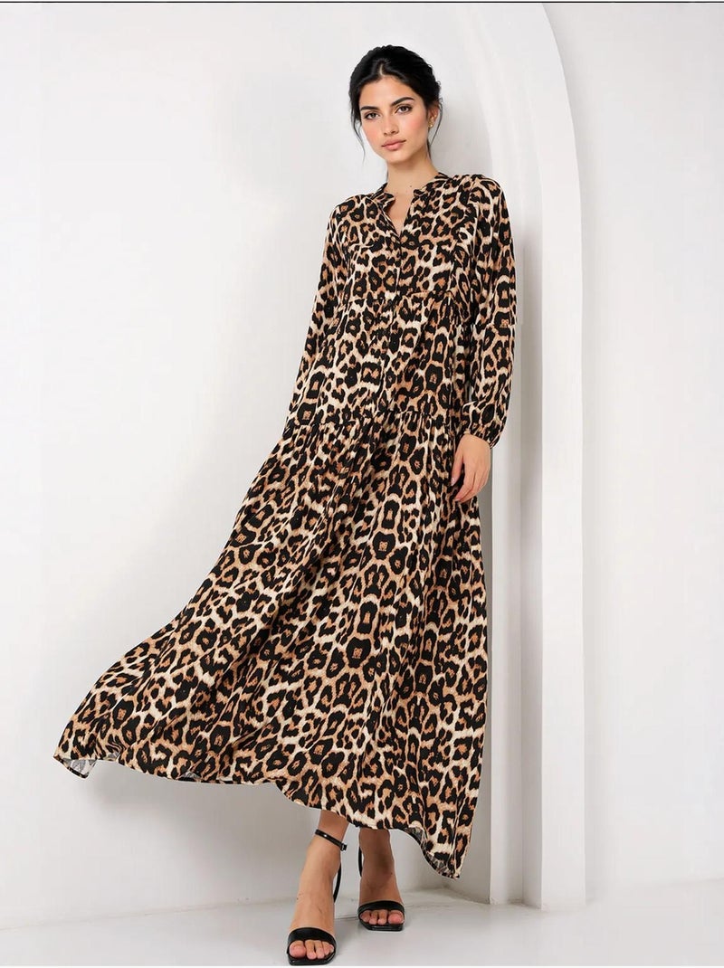Vestido maxi estampado com decote em v e fecho de botões bdart Castanho-escuro - Kiabi