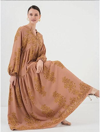 Vestido maxi estampado com decote em v e fecho de botões bdart