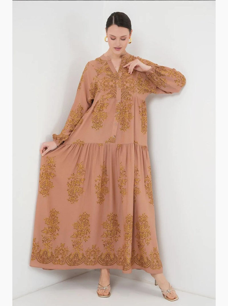 Vestido maxi estampado com decote em v e fecho de botões bdart Greige - Kiabi