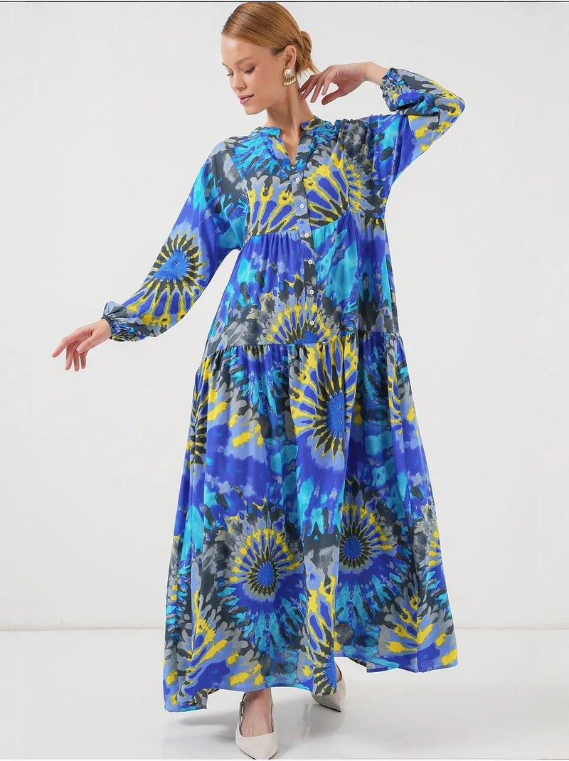 Vestido maxi estampado com decote em v e fecho de botões bdart Índigo - Kiabi