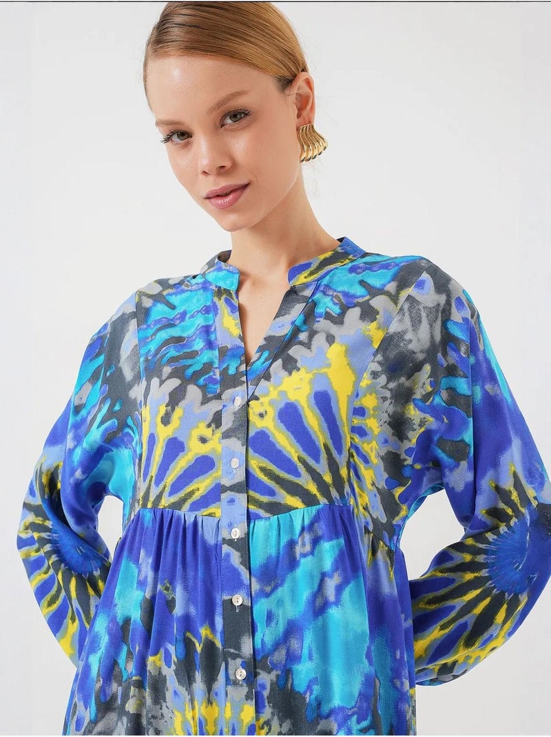 Vestido maxi estampado com decote em v e fecho de botões bdart Índigo - Kiabi