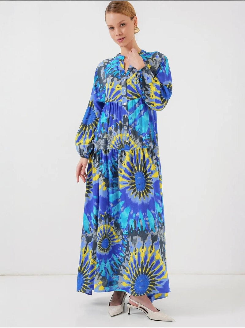Vestido maxi estampado com decote em v e fecho de botões bdart Índigo - Kiabi