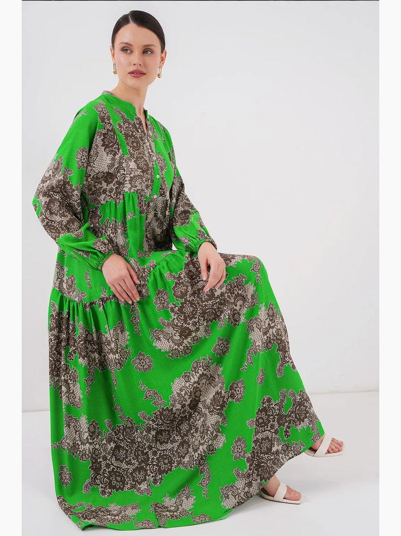 Vestido maxi estampado com decote em v e fecho de botões bdart Verde anis - Kiabi