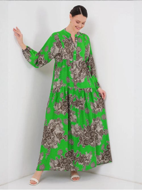 Vestido maxi estampado com decote em v e fecho de botões bdart - Kiabi Vestido maxi estampado com decote em v e fecho de botões bdart - Kiabi