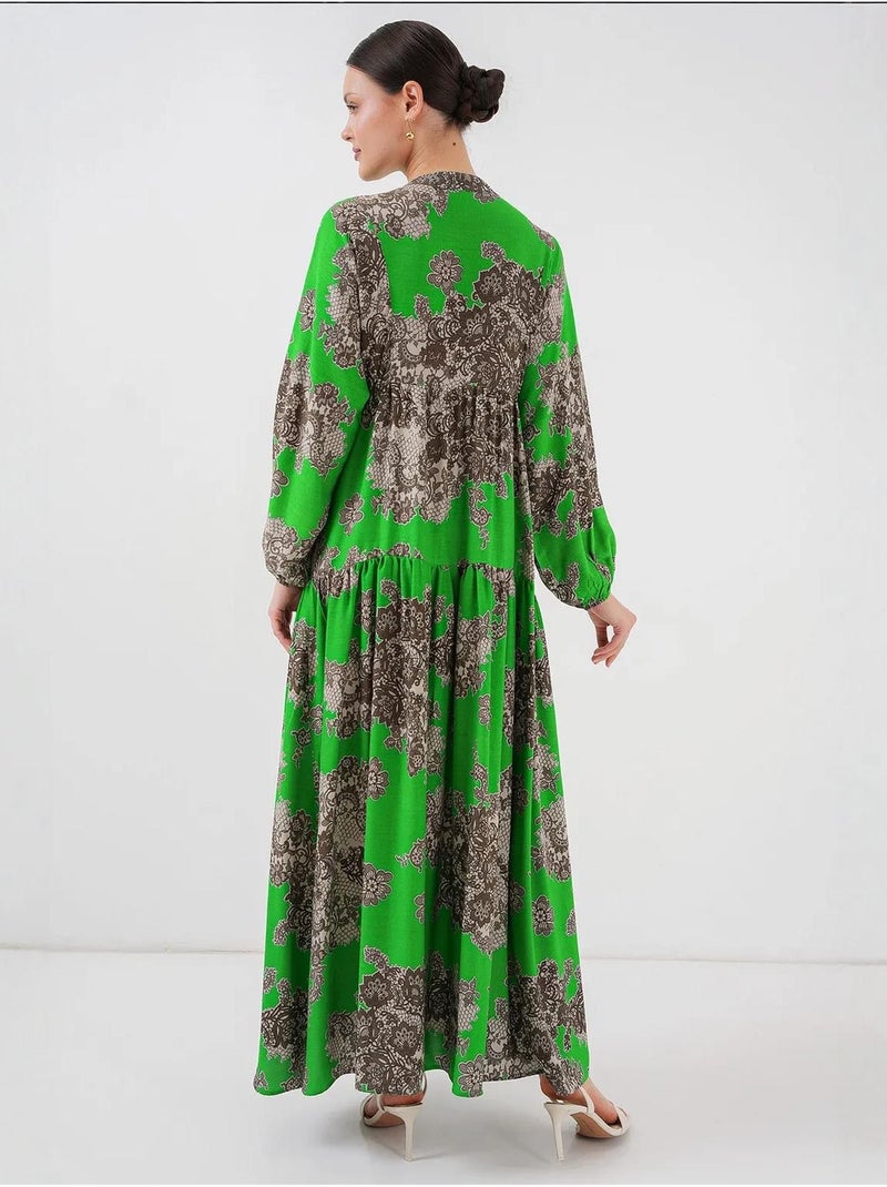 Vestido maxi estampado com decote em v e fecho de botões bdart Verde anis - Kiabi