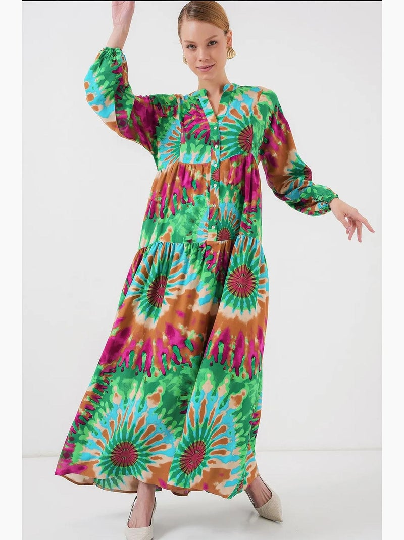 Vestido maxi estampado com decote em v e fecho de botões bdart Verde - Kiabi