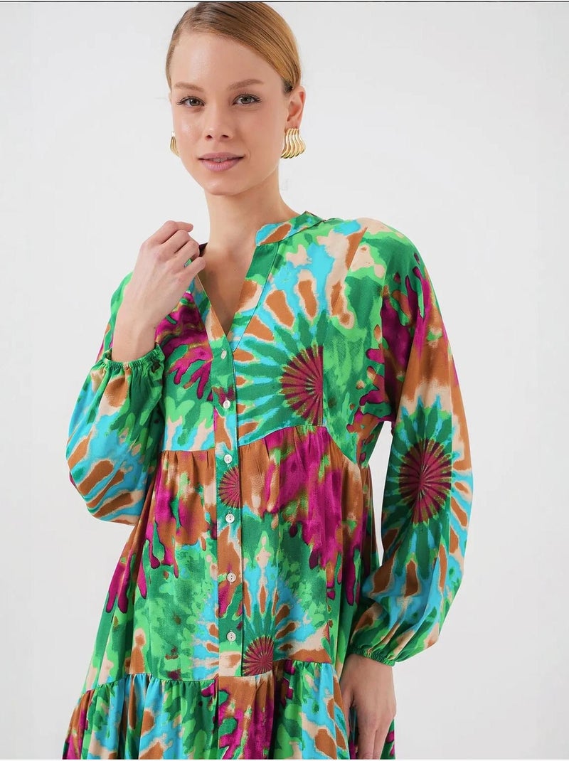Vestido maxi estampado com decote em v e fecho de botões bdart Verde - Kiabi