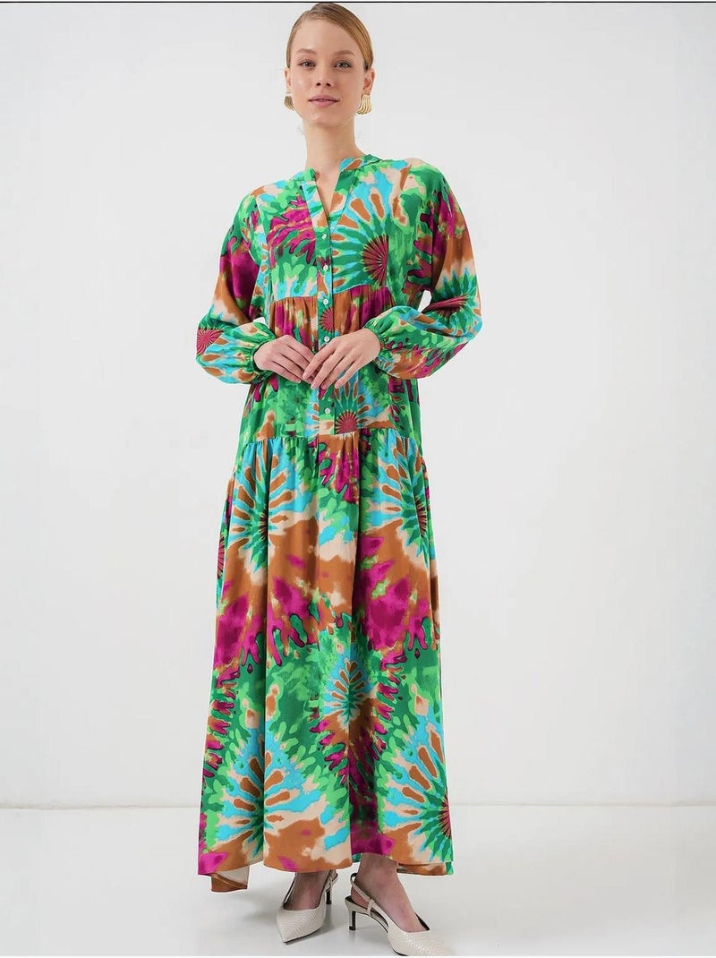 Vestido maxi estampado com decote em v e fecho de botões bdart Verde - Kiabi
