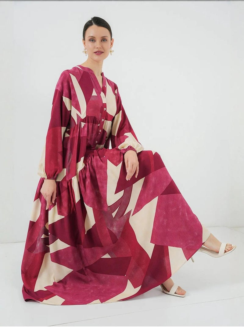 Vestido maxi estampado com decote em v e fecho de botões bdart Vermelho granada - Kiabi
