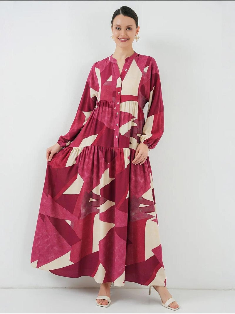 Vestido maxi estampado com decote em v e fecho de botões bdart Vermelho granada - Kiabi
