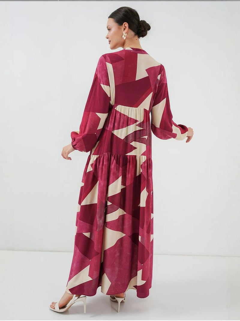 Vestido maxi estampado com decote em v e fecho de botões bdart Vermelho granada - Kiabi