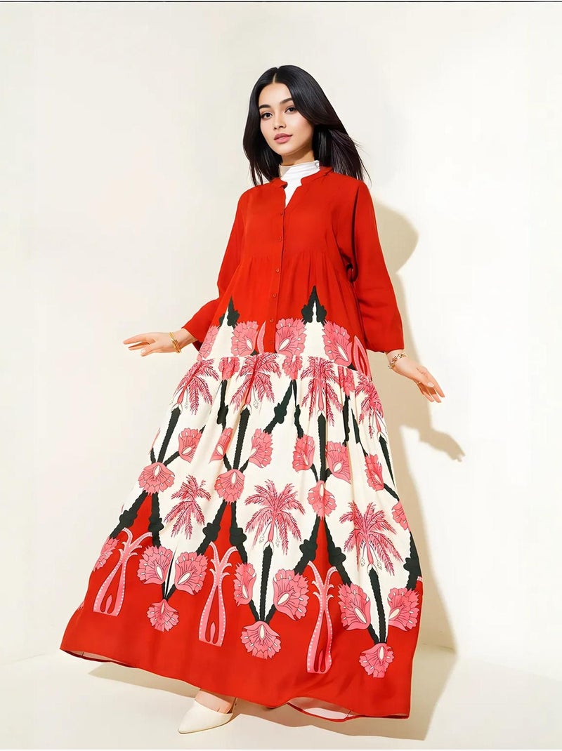 Vestido maxi estampado com decote em v e fecho de botões bdart Vermelho - Kiabi