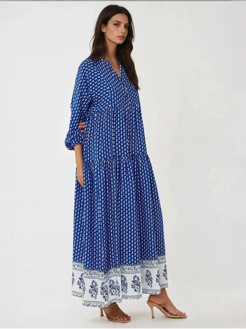 Vestido maxi estampado com decote em v hiccup Azul-elétrico - Kiabi