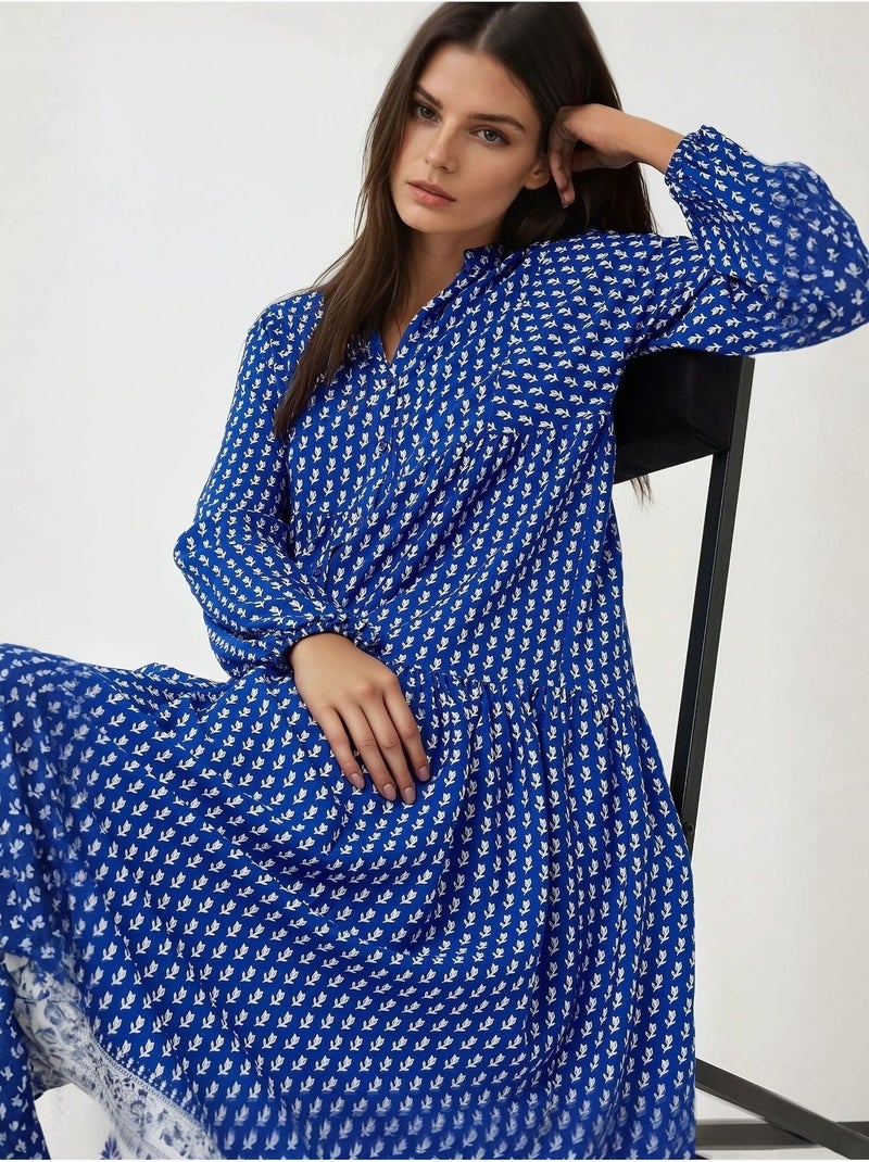 Vestido maxi estampado com decote em v hiccup Azul-elétrico - Kiabi