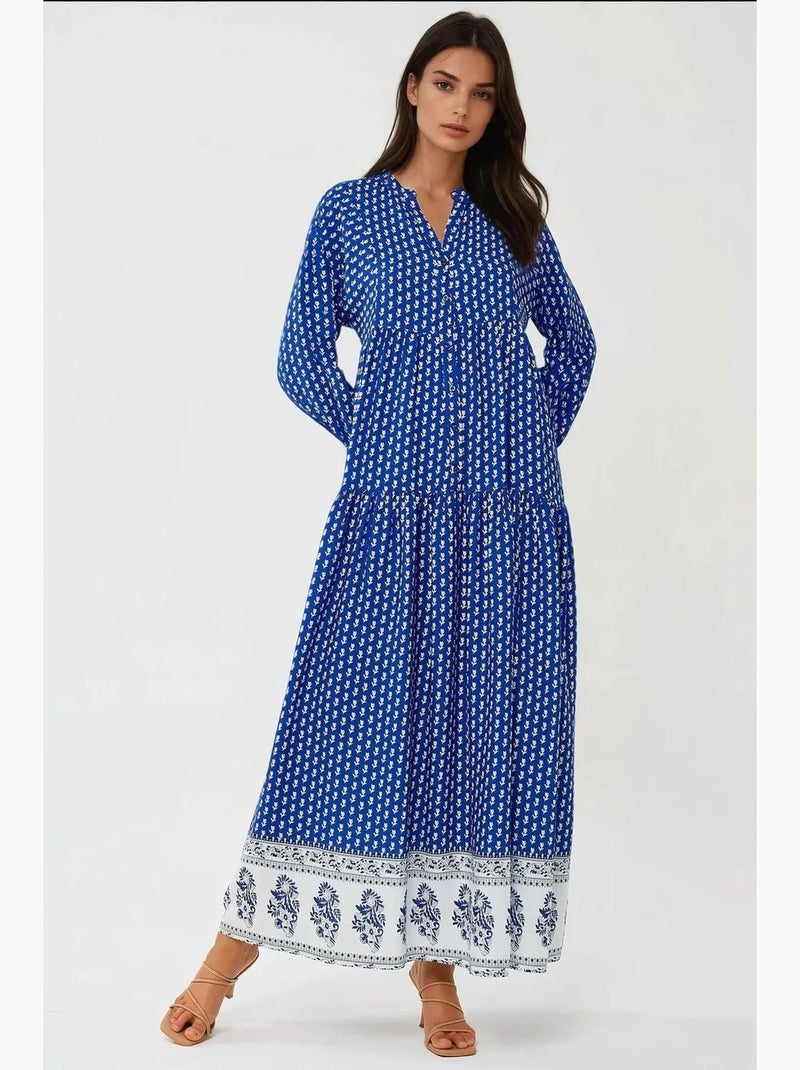 Vestido maxi estampado com decote em v hiccup Azul-elétrico - Kiabi