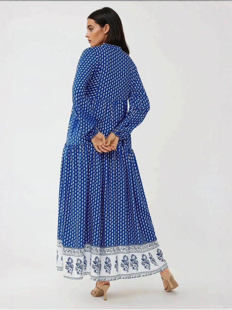 Vestido maxi estampado com decote em v hiccup Azul-elétrico - Kiabi