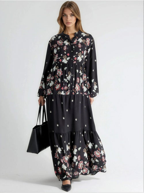 Vestido maxi estampado com decote em v hiccup - Kiabi Vestido maxi estampado com decote em v hiccup - Kiabi