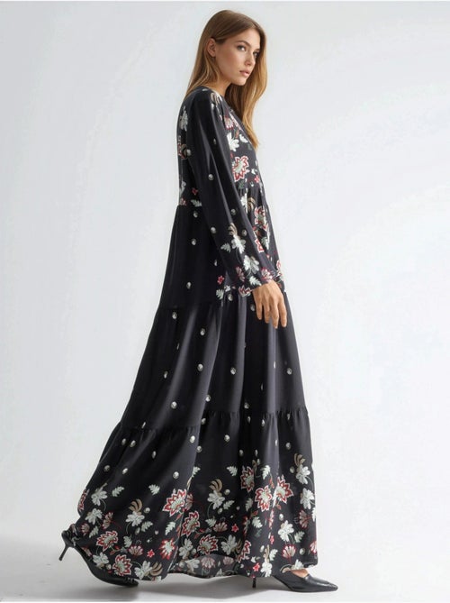 Vestido maxi estampado com decote em v hiccup - Kiabi Vestido maxi estampado com decote em v hiccup - Kiabi