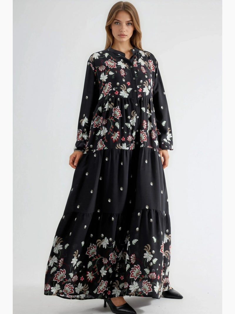 Vestido maxi estampado com decote em v hiccup Preto - Kiabi