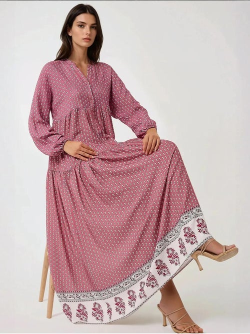 Vestido maxi estampado com decote em v hiccup - Kiabi Vestido maxi estampado com decote em v hiccup - Kiabi