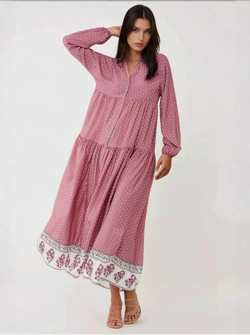 Vestido maxi estampado com decote em v hiccup - Kiabi Vestido maxi estampado com decote em v hiccup - Kiabi