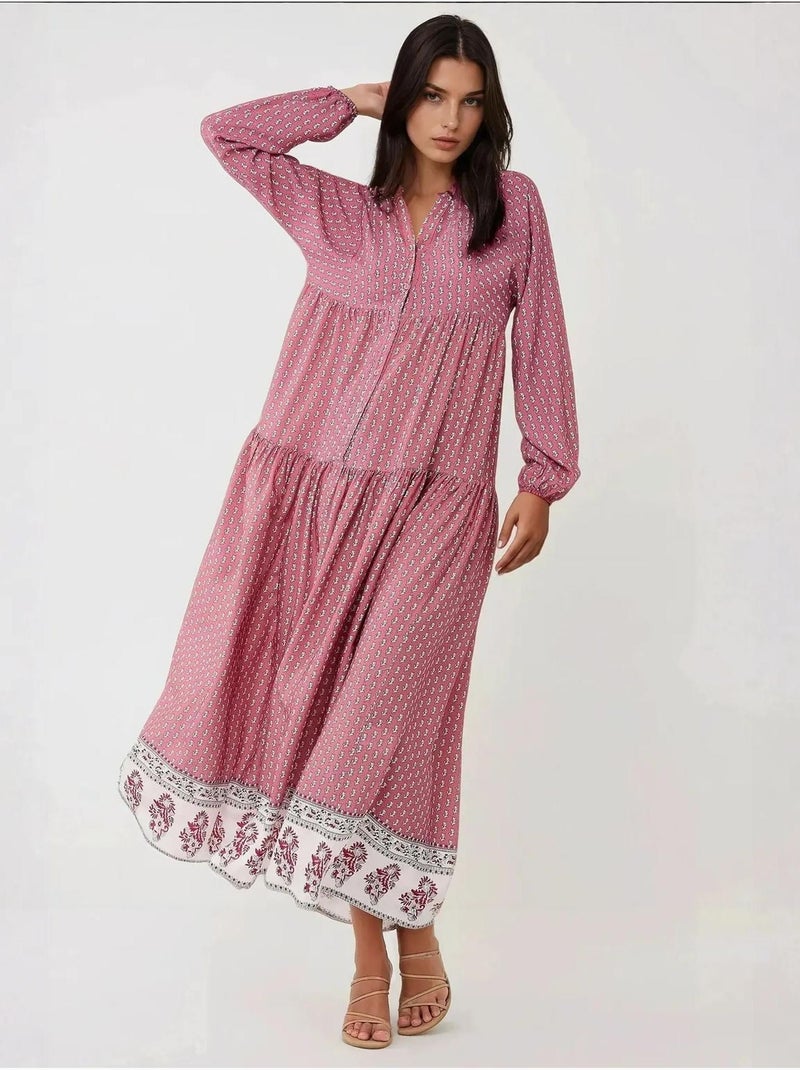 Vestido maxi estampado com decote em v hiccup Rosa - Kiabi