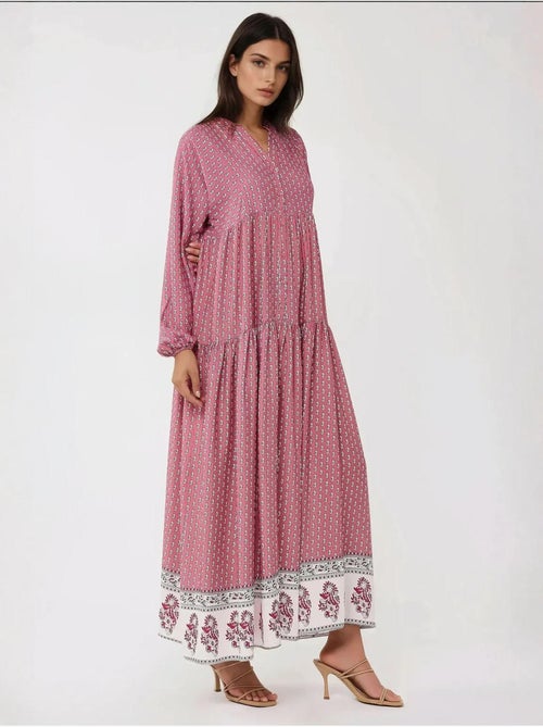 Vestido maxi estampado com decote em v hiccup - Kiabi Vestido maxi estampado com decote em v hiccup - Kiabi