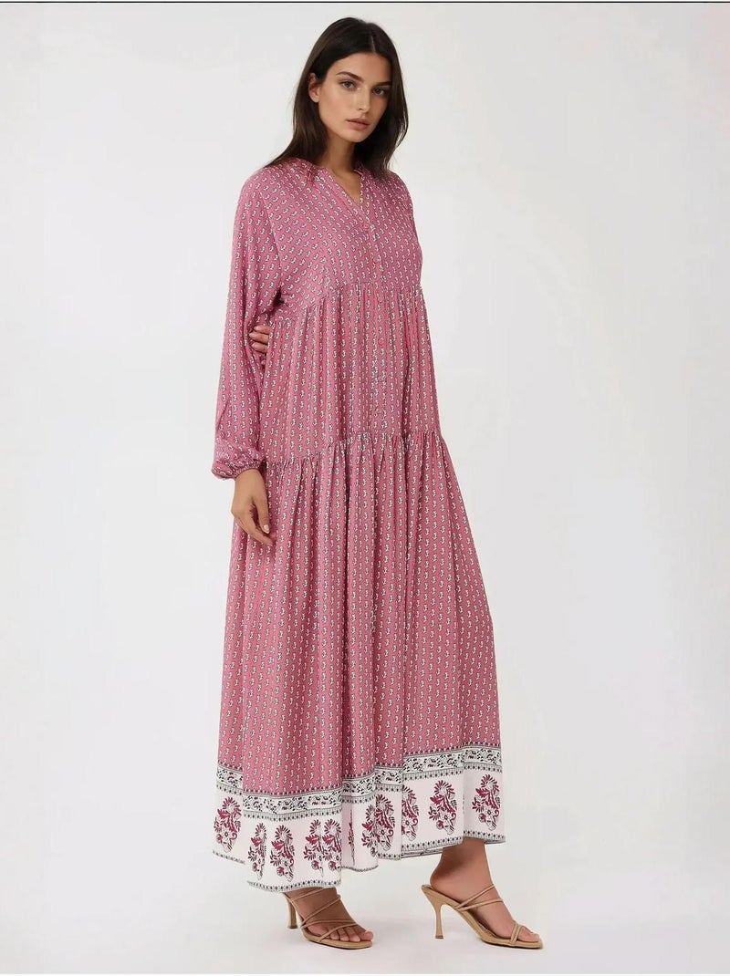 Vestido maxi estampado com decote em v hiccup Rosa - Kiabi