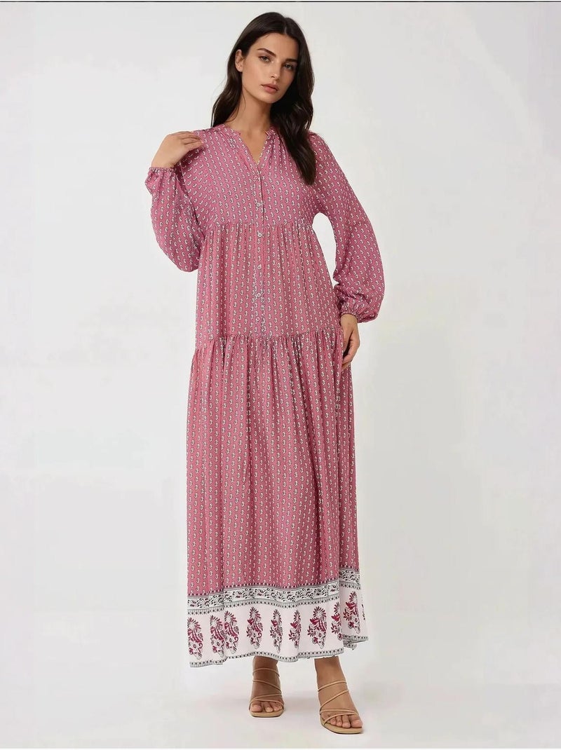 Vestido maxi estampado com decote em v hiccup Rosa - Kiabi