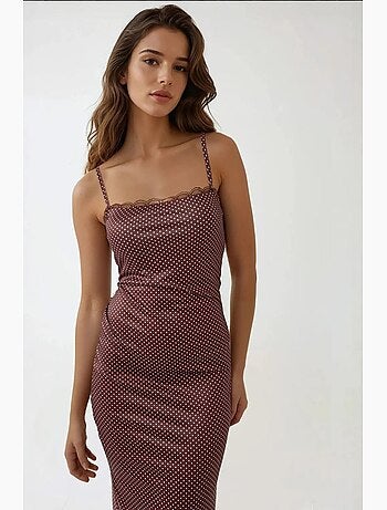 Vestido maxi estampado com decote quadrado e detalhe em renda hiccup