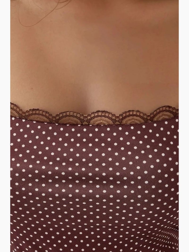 Vestido maxi estampado com decote quadrado e detalhe em renda hiccup Castanho-claro - Kiabi