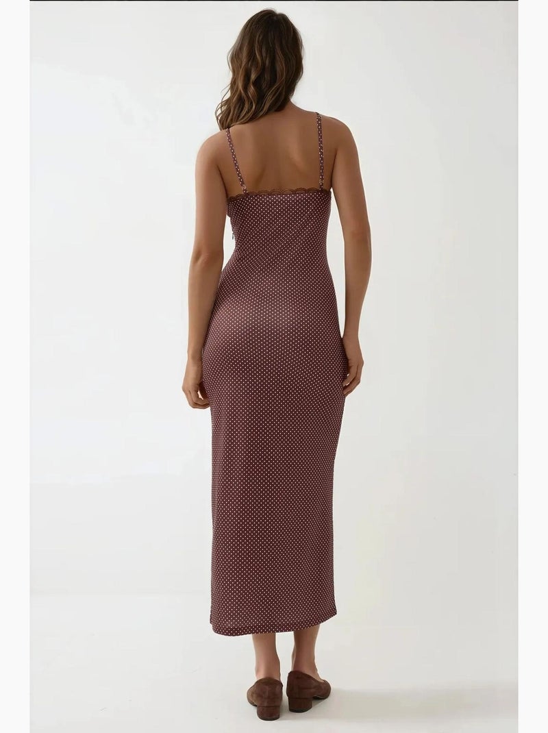 Vestido maxi estampado com decote quadrado e detalhe em renda hiccup Castanho-claro - Kiabi