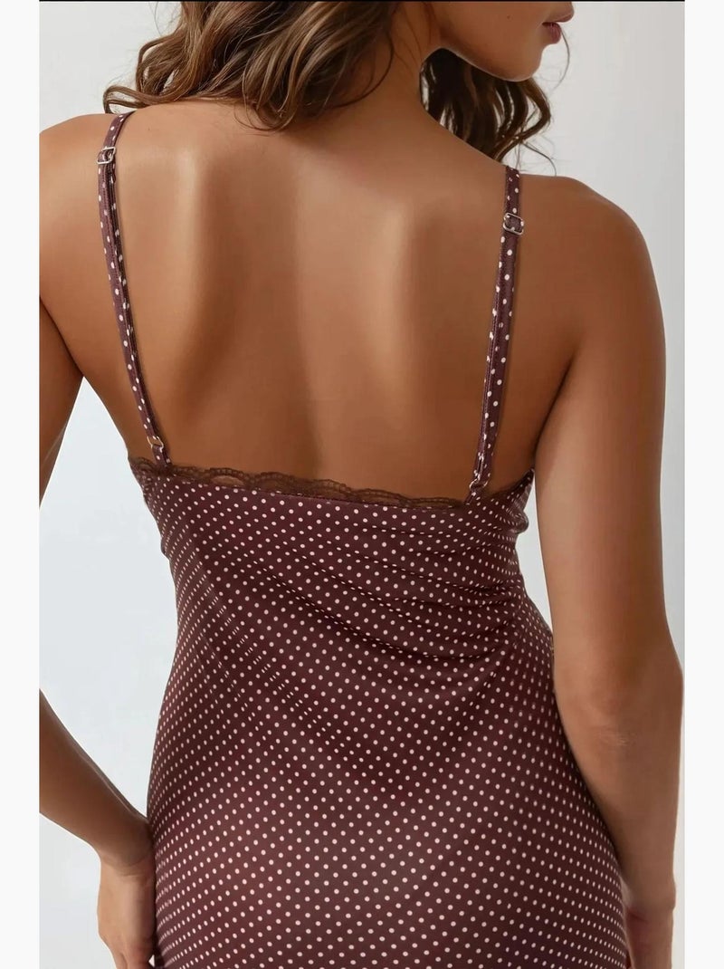 Vestido maxi estampado com decote quadrado e detalhe em renda hiccup Castanho-claro - Kiabi