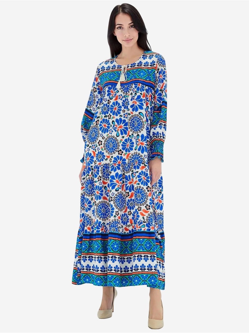 Vestido maxi estampado com detalhe de atar bdart Azul-safira - Kiabi