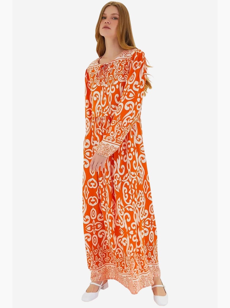 Vestido maxi estampado com detalhe de atar bdart Laranja - Kiabi