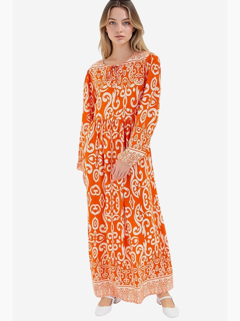 Vestido maxi estampado com detalhe de atar bdart Laranja - Kiabi
