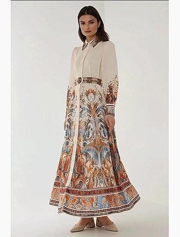 Vestido maxi estampado de manga comprida com cinto
