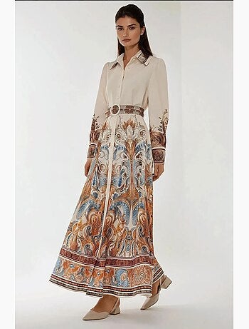Vestido maxi estampado de manga comprida com cinto