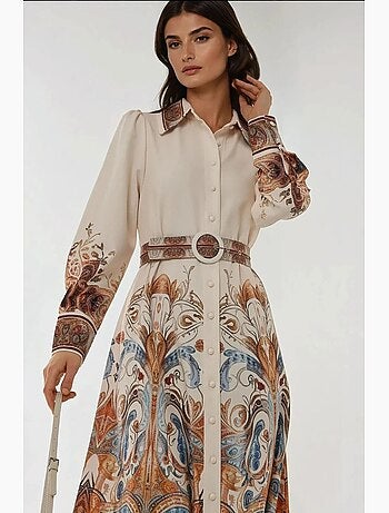 Vestido maxi estampado de manga comprida com cinto