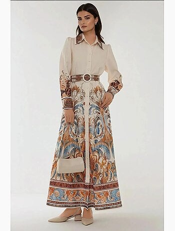 Vestido maxi estampado de manga comprida com cinto hiccup