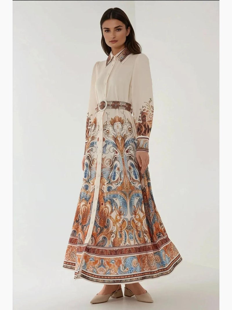 Vestido maxi estampado de manga comprida com cinto hiccup Branco - Kiabi