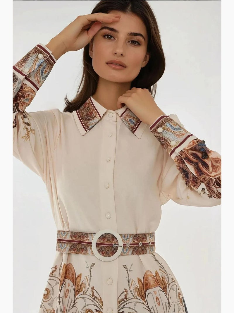 Vestido maxi estampado de manga comprida com cinto hiccup Branco - Kiabi