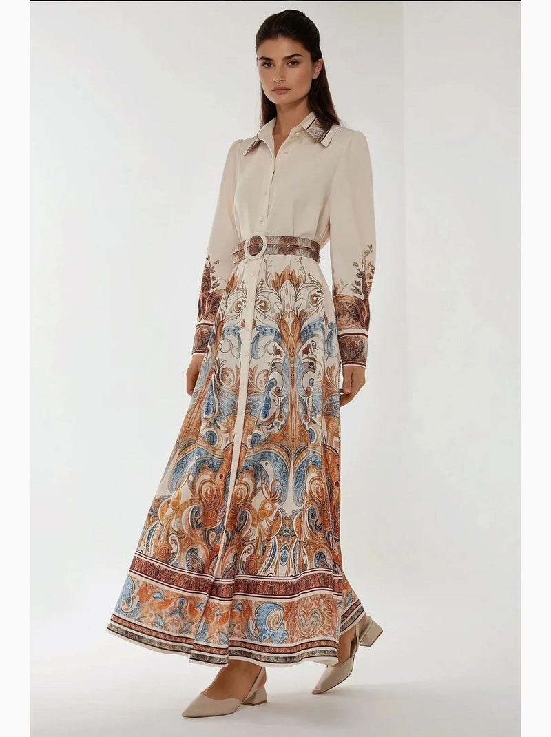 Vestido maxi estampado de manga comprida com cinto hiccup Branco - Kiabi