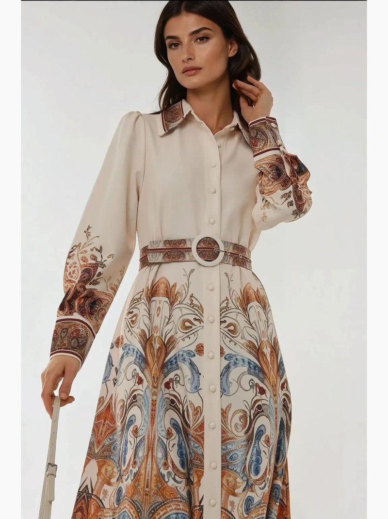 Vestido maxi estampado de manga comprida com cinto hiccup Branco - Kiabi