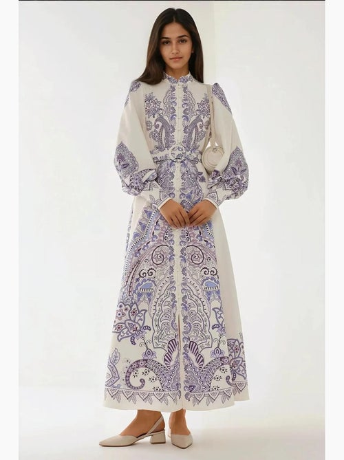 Vestido maxi estampado de manga comprida com cinto hiccup - Kiabi